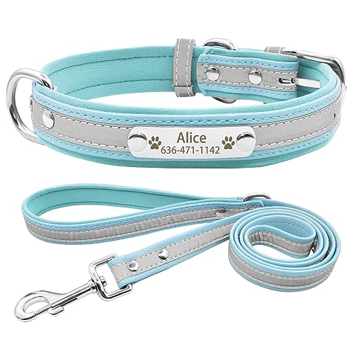 Senristar Personalisierte Neopren Gepolstert Reflektierende Hundehalsband und Leine Set, Benutzerdefinierte Gravierte Hundehalsband mit Namensschild für Kleine Mittlere Große Hunde von Senristar