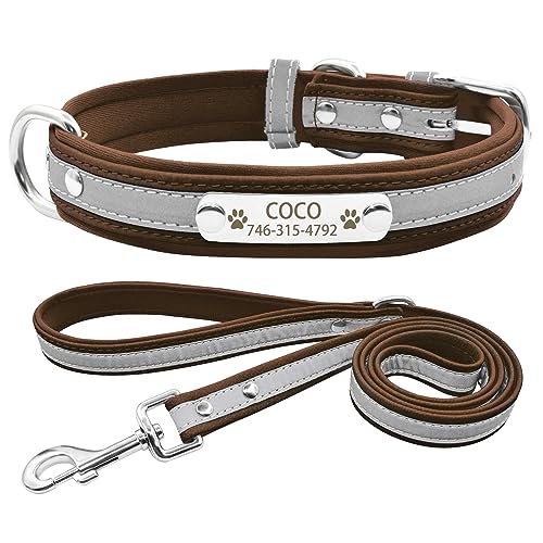 Senristar Personalisierte Neopren Gepolstert Reflektierende Hundehalsband und Leine Set, Benutzerdefinierte Gravierte Hundehalsband mit Namensschild für Kleine Mittlere Große Hunde von Senristar