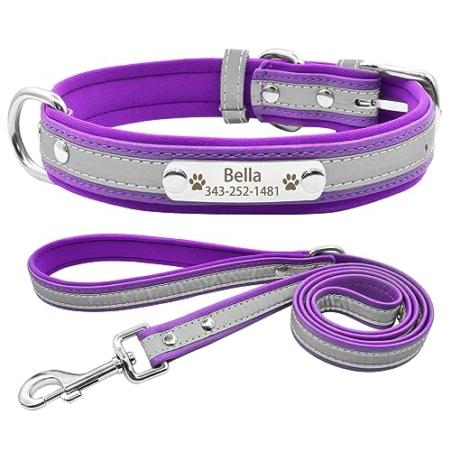 Senristar Personalisierte Neopren Gepolstert Reflektierende Hundehalsband und Leine Set, Benutzerdefinierte Gravierte Hundehalsband mit Namensschild für Kleine Mittlere Große Hunde von Senristar