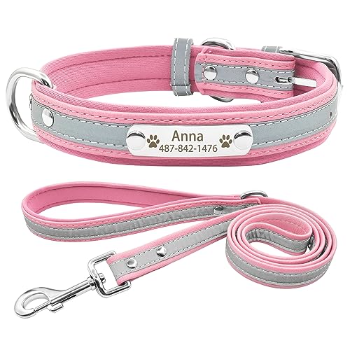 Senristar Personalisierte Neopren Gepolstert Reflektierende Hundehalsband und Leine Set, Benutzerdefinierte Gravierte Hundehalsband mit Namensschild für Kleine Mittlere Große Hunde von Senristar