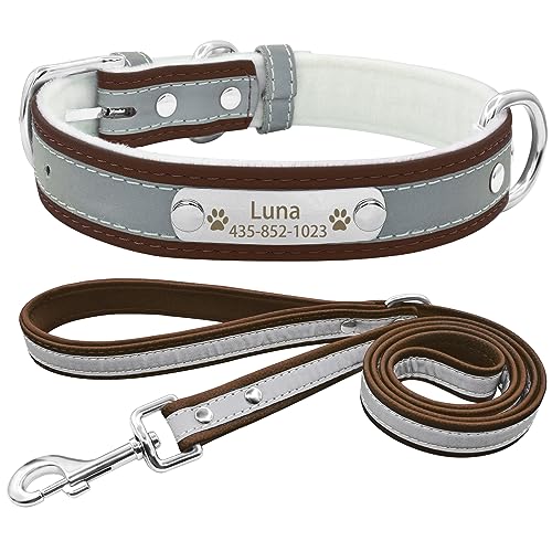 Senristar Personalisierte Reflektierende Hundehalsband und Leine Set,Benutzerdefinierte Eingraviert Warmes Futter Hundehalsband mit Namensschild für Kleine,Mittlere,Große Hunde & Katzen von Senristar