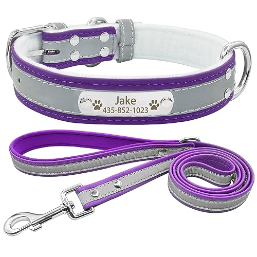 Senristar Personalisierte Reflektierende Hundehalsband und Leine Set,Benutzerdefinierte Eingraviert Warmes Futter Hundehalsband mit Namensschild für Kleine,Mittlere,Große Hunde & Katzen von Senristar