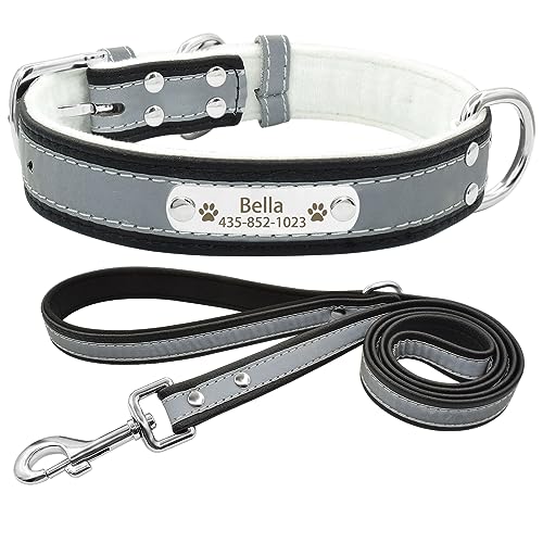 Senristar Personalisierte Reflektierende Hundehalsband und Leine Set,Benutzerdefinierte Eingraviert Warmes Futter Hundehalsband mit Namensschild für Kleine,Mittlere,Große Hunde & Katzen von Senristar