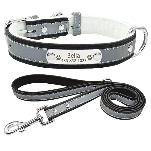 Senristar Personalisierte Reflektierende Hundehalsband und Leine Set,Benutzerdefinierte Eingraviert Warmes Futter Hundehalsband mit Namensschild für Kleine,Mittlere,Große Hunde & Katzen von Senristar