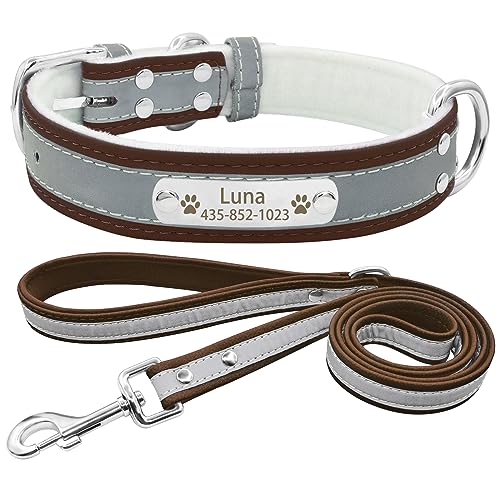 Senristar Personalisierte Reflektierende Hundehalsband und Leine Set,Benutzerdefinierte Eingraviert Warmes Futter Hundehalsband mit Namensschild für Kleine,Mittlere,Große Hunde & Katzen von Senristar