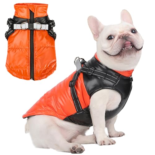 Sensong Hundemantel für den Winter, Winddicht Wasserdichte Hundejacke, Warme Hunde Winterweste Wintermantel für Kleine Hunde Welpe Hundemantel mit Geschirr-Orange M von Sensong