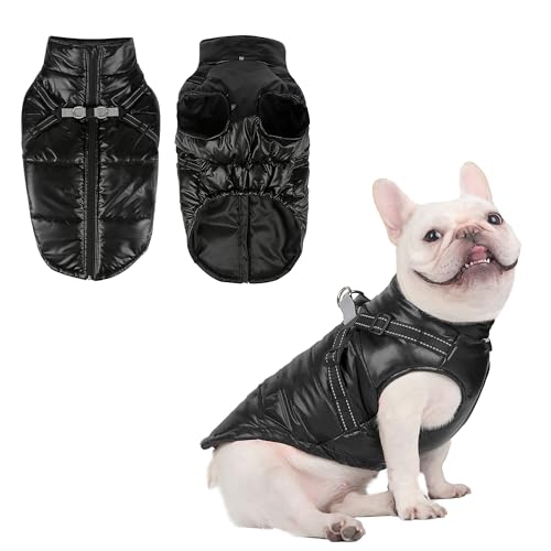 Sensong Hundemantel für den Winter, Winddicht wasserdichte Hundejacke, Warme Hunde Winterweste Wintermantel für Kleine Hunde Welpe Hundemantel mit Geschirr-Schwarz S von Sensong