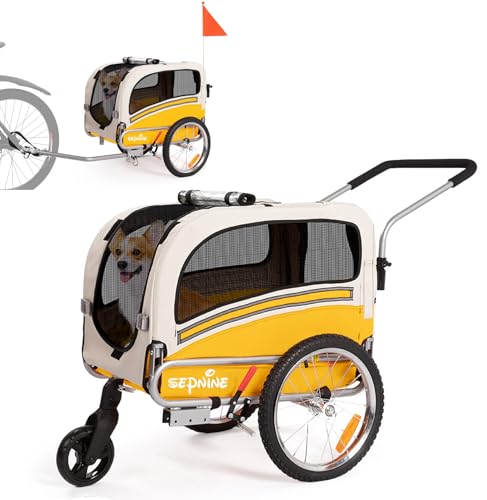 SEPNINE® 2-in-1 Hundeanhänger für Fahrrad, Fahrradanhänger Hunde,Mit Bremsen,Durchsichtige Kunststofffenster schützen vor Regen,Tragen Sie kleine und mittelgroße Haustiere unter 30 kg (Gelb) von Sepnine