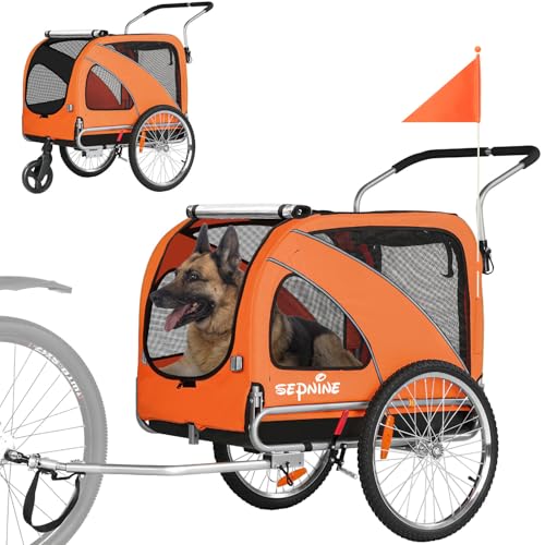 SEPNINE® Hunde Fahrradanhänger XL, 2 in 1 Hundeanhänger & Jogger mit Reflektor und Bremse, 600D Oxford Canvas, maximale Belastung 40kg-Orange von Sepnine