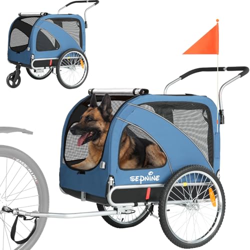 SEPNINE® Hunde Fahrradanhänger XL, 2 in 1 Hundeanhänger & Jogger bis zu 40 kg, faltbar mit Bremsen und Anhängerkupplung für mittelgroße und große Hunde-Blau von Sepnine