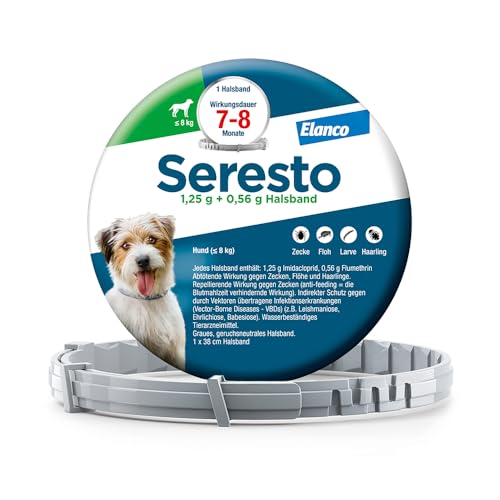 Seresto Elanco Halsband für kleine Hunde bis 8 kg: 7 bis 8 Monate wirksamer Schutz gegen Zecken und Flöhe, Länge 36 cm, 1,25 g + 0,56 g Seresto Elanco Halsband für kleine Hunde bis 8 kg: 7 bis 8 Monate wirksamer Schutz gegen Zecken und Flöhe, Länge 36 cm, 1,25 g + 0,56 g von Seresto