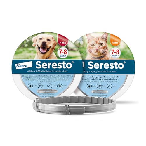 Seresto Kombi-Set: 1 Zeckenhalsband für große Hunde ab 8 kg und 1 Zeckenhalsband für Katzen. Bis zu 7 bis 8 Monate wirksamer Schutz gegen Zecken und Flöhe für Ihre Haustiere von Seresto