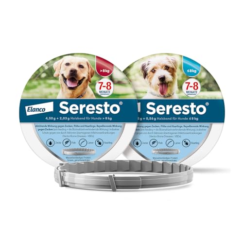 Seresto Kombi-Set: 1 Zeckenhalsband für große Hunde ab 8 kg und 1 Zeckenhalsband für kleine Hunde bis 8 kg. Bis zu 7 bis 8 Monate wirksamer Schutz gegen Zecken und Flöhe für Ihre Haustiere Seresto Kombi-Set: 1 Zeckenhalsband für große Hunde ab 8 kg und 1 Zeckenhalsband für kleine Hunde bis 8 kg. Bis zu 7 bis 8 Monate wirksamer Schutz gegen Zecken und Flöhe für Ihre Haustiere von Seresto