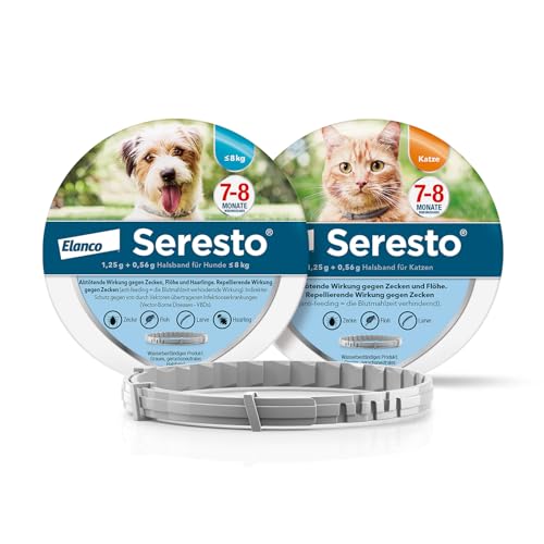 Seresto Kombi-Set: 1 Zeckenhalsband für kleine Hunde ab 8 kg und 1 Zeckenhalsband für Katzen. Bis zu 7 bis 8 Monate wirksamer Schutz gegen Zecken und Flöhe für Ihre Haustiere von Seresto