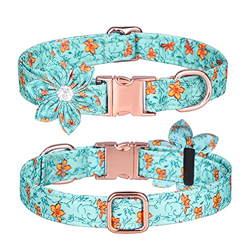 Serijoars Cute Girl Hundehalsbänder für kleine, mittelgroße und große Hunde, Blumenmuster für Hündinnen mit abnehmbarer Strass-Blume für Hündinnen (M, Blau) von Serijoars