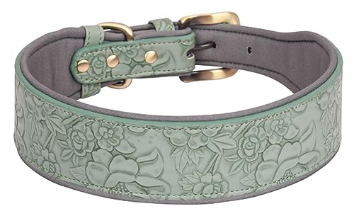 Serijoars Hundehalsband Leder für große Hunde, mittelgroße Hunde & kleine Hunde, Verstellbares, Weich Gepolstertes Halsband für Hunde mit Prägung Print Leder Hundehalsbänder (L, Grün) von Serijoars