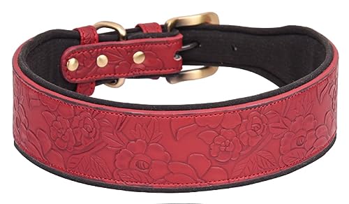 Serijoars Hundehalsband Leder für große Hunde, mittelgroße Hunde & kleine Hunde, Verstellbares, Weich Gepolstertes Halsband für Hunde mit Prägung Print Leder Hundehalsbänder (XL, Rot) von Serijoars