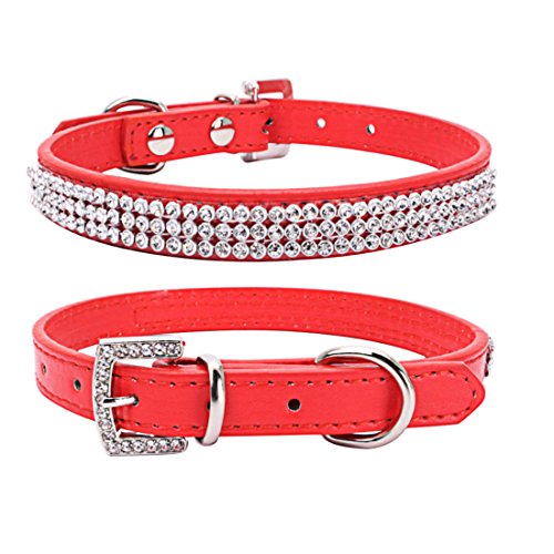 Serijoars Hundehalsband für Welpen, niedlich, schillernd, funkelnd, elegant, ausgefallenes PU-Leder, mit Strasssteinen besetzt, für Haustiere, Katzen, Hundehalsband (XS, Rot) von Serijoars