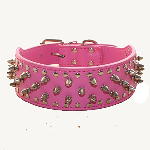 Serijoars Hundehalsband mit Nieten, PU-Leder, verstellbare Haustierhalsbänder für mittelgroße oder große Rassen (M, Hot Pink) von Serijoars