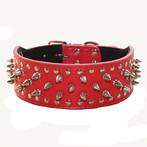 Serijoars Hundehalsband mit Nieten, PU-Leder, verstellbare Haustierhalsbänder für mittelgroße oder große Rassen (XL, Rot) von Serijoars