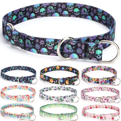 Serijoars Martingale Hundehalsband, kein Ziehen, Trainingshalsband mit Blumen, mehrfarbig, niedliche Muster und verschiebbarer Stop-Ring (Größe L, Totenkopf) von Serijoars