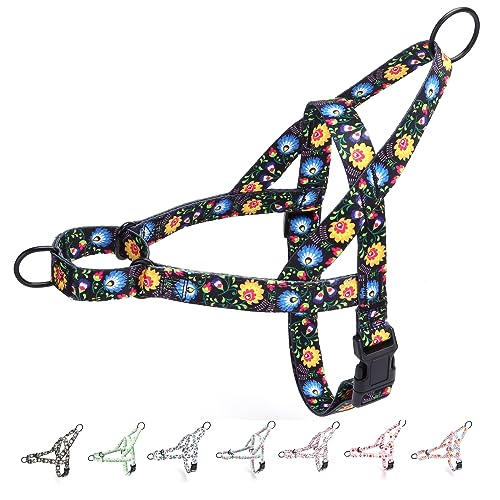 Serijoars No Pull Hundegeschirr – Easy Walk für kleine, mittelgroße und große Haustiere – Blumenmuster weibliche Sicherheit Nylon Training Hundegeschirr – Blumen-Design – groß mittel klein (schwarz, von Serijoars