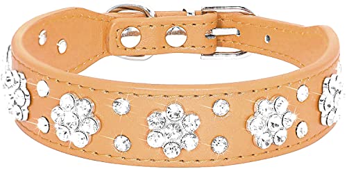 Serijoars Strass Hundehalsband, Niedliche Blume Strass Katzen Hundehalsband Bling Halsband PU Leder Halsband Verstellbare Größen XS Small Medium (M, Braun) von Serijoars