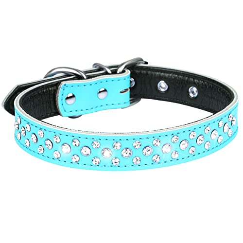 Serijoars Strass Hundehalsband für Kleine Mittlere Große Hunde, Einstellbar Glitzernd Kristall Weich Echtes Leder Bling Hundehalsbänder (L, Hellblau) von Serijoars