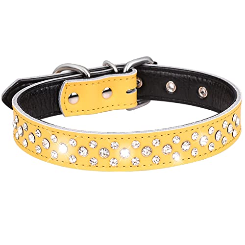 Serijoars Strass Hundehalsband für Kleine Mittlere Große Hunde, Einstellbar Glitzernd Kristall Weich Echtes Leder Bling Hundehalsbänder (M, Gelb) von Serijoars