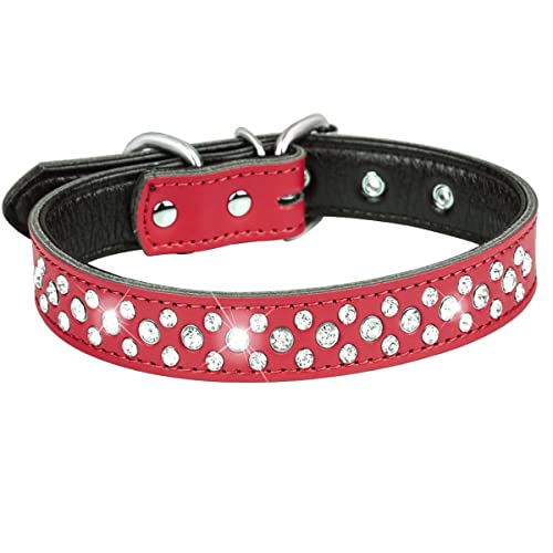 Serijoars Strass Hundehalsband für Kleine Mittlere Große Hunde, Einstellbar Glitzernd Kristall Weich Echtes Leder Bling Hundehalsbänder (M, Rot) von Serijoars