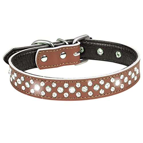 Serijoars Strass Hundehalsband für Kleine Mittlere Große Hunde, Einstellbar Glitzernd Kristall Weich Echtes Leder Bling Hundehalsbänder (S, Braun) von Serijoars