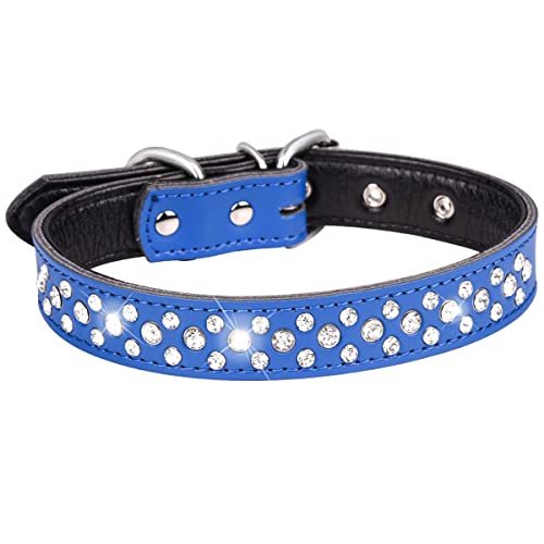 Serijoars Strass Hundehalsband für Kleine Mittlere Große Hunde, Einstellbar Glitzernd Kristall Weich Echtes Leder Bling Hundehalsbänder (S, Dunkelblau) von Serijoars