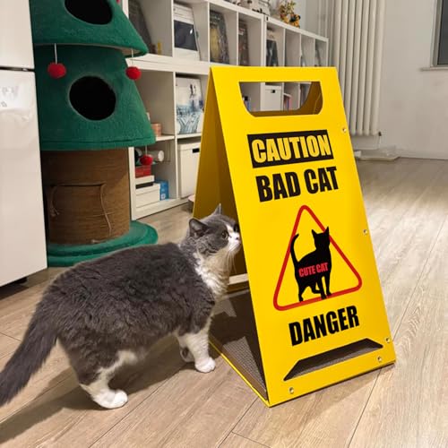 Hartpappe Katzenhaus mit Kratzunterlage Lustiges Vorsicht Schild Haus für Katze zum Spielen Drinnen, Kratzspielzeug für Geburtstagsgeschenk von SeunKieer