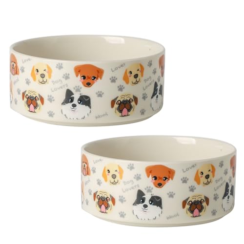 Keramik Hundenäpfe 2er Set, 15,5 cm Hundefutter Wassernapf mit niedlichem Muster, Haustier Hunde Geschirr für mittlere und kleine Hunde, Weiß von Seyatoo
