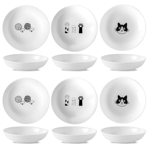 Seyatoo Keramik-Katzennäpfe Set – 14 cm Katzen-Futternäpfe mit Schnurrhaar, Ermüdungsfreundlich, 6 breite Katzenteller mit niedlichem Muster für Nass- und Trockenfutter, Wasser von Seyatoo
