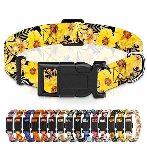 Seyezo Hundehalsband für Jungen und Mädchen, verstellbares weiches Muster, Haustierhalsband mit Sicherheitsschnalle für kleine bis große Hunde (Gelb mit Blumenmuster, L) von Seyezo