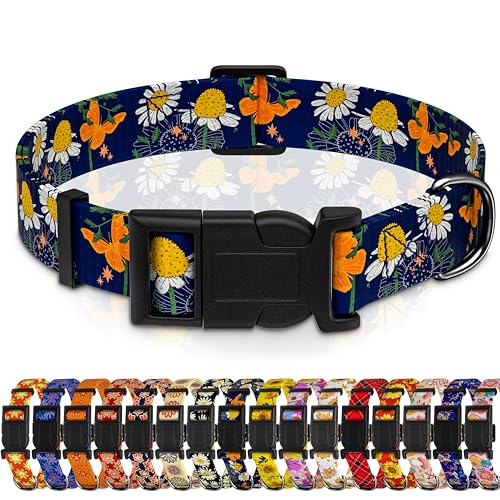 Seyezo Hundehalsband mit Schmetterlings-Aufdruck, Gänseblümchen, Welpenhalsband für kleine, mittelgroße und große Hunde, verstellbar, weiches Blumenmuster, Haustierhalsband mit Sicherheitsschnalle für von Seyezo