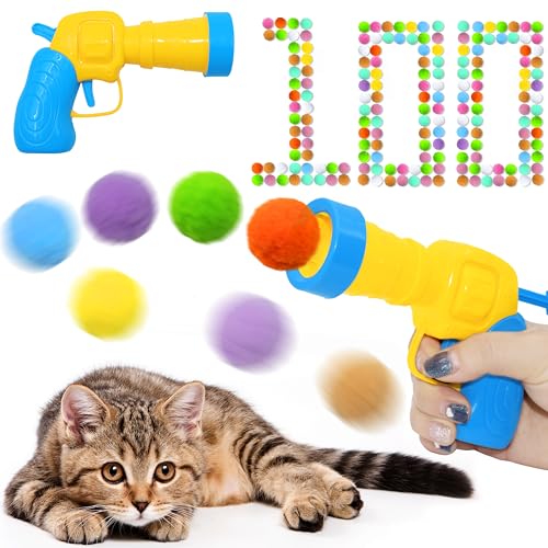 Seyezo Katzenspielzeug-Bälle, Launcher-Set (1 Pistole + 100 Bälle), interaktives lustiges Katzenspielzeug, Bälle, 100 flauschige Bommelbälle, Katzenspielzeug-Outfit, Plüschballwerfer für von Seyezo