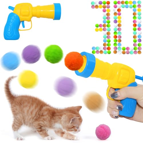 Seyezo Katzenspielzeug-Bälle, Launcher-Set (1 Pistole + 30 Bälle), interaktives lustiges Katzenspielzeug, Bälle, 30 flauschige Bommelbälle, Katzenspielzeug-Outfit, Plüschballwerfer für Indoor-Übungen, von Seyezo