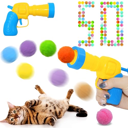 Seyezo Katzenspielzeug-Bälle, Launcher-Set (1 Pistole + 50 Bälle), interaktives lustiges Katzenspielzeug, Bälle, 50 flauschige Bommelbälle, Katzenspielzeug-Outfit, Plüschballwerfer für Indoor-Übungen, von Seyezo