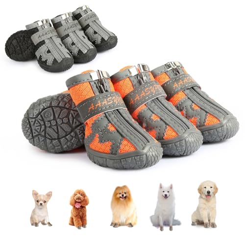 Sezlinver Hundeschuhe mit Rutschfester Sohle, 4er-Pack, verstellbare Pfotenschützer mit reflektierenden Bändern, waschbar und atmungsaktiv für kleine Hunde (Orange 4) Sezlinver Hundeschuhe mit Rutschfester Sohle, 4er-Pack, verstellbare Pfotenschützer mit reflektierenden Bändern, waschbar und atmungsaktiv für kleine Hunde (Orange 4) von Sezlinver