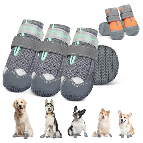 Sezlinver Hundeschuhe mit Rutschfester Sohle, 4er Pack Verstellbarer Pfotenschutz mit reflektierenden Bändern, waschbare und atmungsaktive Hundeschuhe für kleine, mittlere und große Hunde (1), Grey von Sezlinver