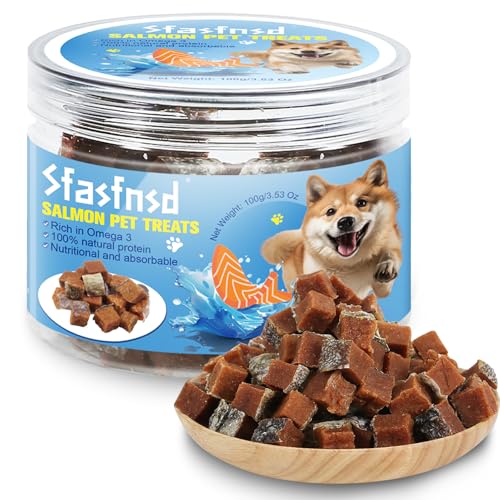 Lachs Hundeleckerlis,Hundetraining Leckerlis Belohnung, natürliche fettarme Lachssnacks für Hunde, reich an Omega 3, nahrhaft und Gute Absorption, gesunde Hundeleckerlis Hundesnack 100g von Sfasfnsd