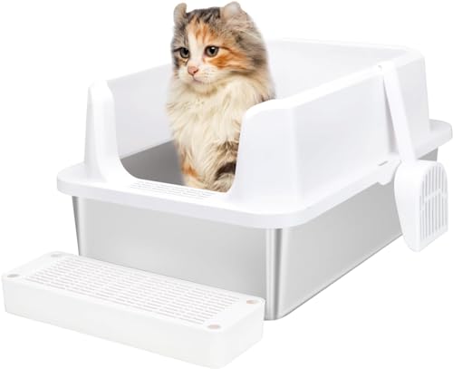 Sfozstra Geschlossene Edelstahl-Katzentoilette mit Schaufel, Metall-Katzentoilette, hohe Seite, Anti-Auslauf, einfache Reinigung, große Katzentoilette für große Katzen (Weiß) von Sfozstra