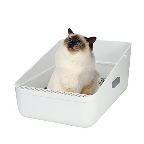 Sfozstra Offene Katzentoilette, leicht zu reinigen und zusammenzubauen, halboffene, spritzwassergeschützte Katzentoilette, langlebige Katzentoilette mit hohem Seitensieb für kleine Katzen (Weiß M) von Sfozstra