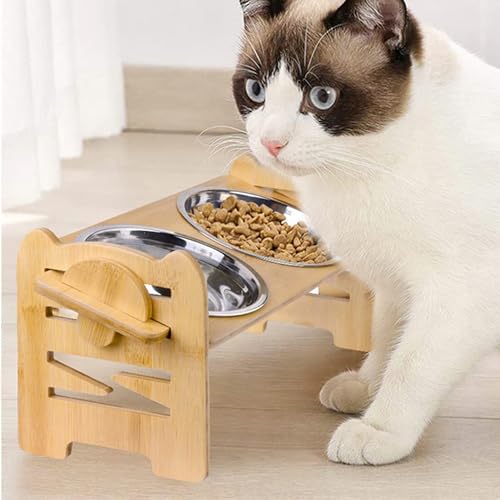Shakub Futternapf Fressnapf Hunde Katzen Edelstahl,Hundenapf Katzenapf Holz,2-in-1 Höhenverstellbarer Wassernapf,Geneigt Futterstation für Katzen und kleine Hunde von Shakub