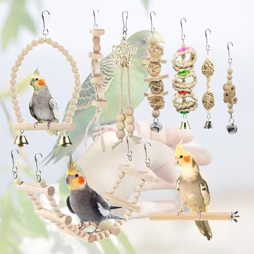 Shakub Vogelspielzeug für Sittiche,Papageienspielzeug Naturholz,Vogelkäfig Zubehör für Wellensittich,Papageienschaukel,Papagei Spielzeug Set für Finken Sittiche Kakadus Aras,9 Stück von Shakub