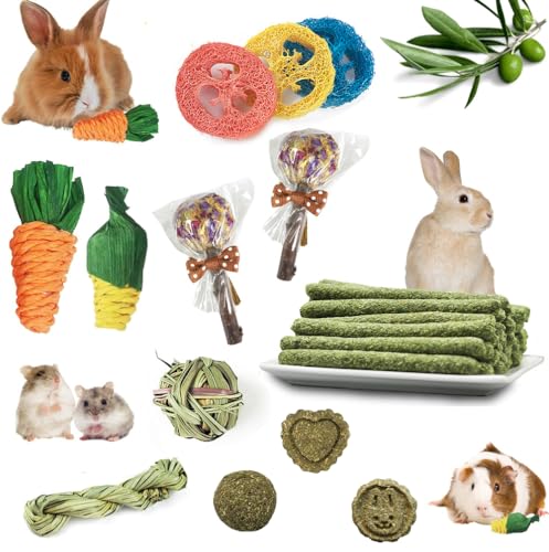 17 Stück Kaninchen-, Meerschweinchen-, Hamster- und Hasen-Spielzeug - Natürliche Timothy-Heustäbchen, Apfelholzstäbchen für Zahnpflege - Handgefertigt von Shalwinn