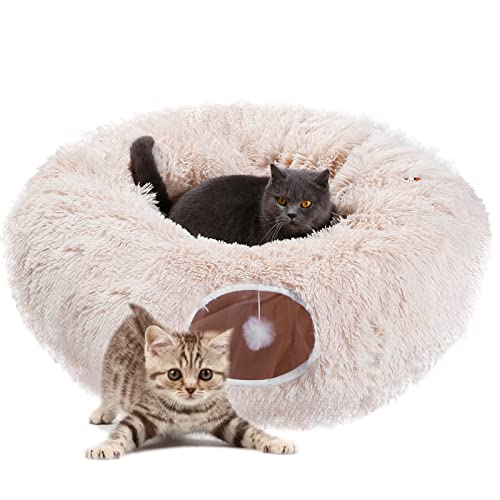 Shank Ming Katzentunnel-Bett, Beige, warmer Plüsch-Katzenschlauch und Tunnel, faltbarer Katzentunnel für Indoor-Katzen mit Matte von Shank Ming