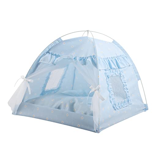Katzenzelthaus, Zuverlässige Unterstützung, Halb Geschlossener Netzvorhang, Elastisches Haustierzeltbett, Wasserdicht für den Sommer, für Hunde (Blaue Spitze) von Shanrya